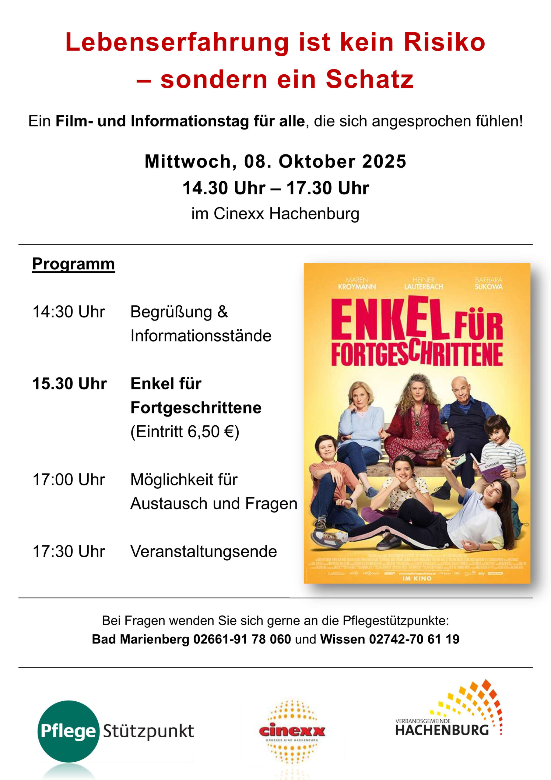 Plakat für einen Film- und Informationstag mit dem Titel „Lebenserfahrung ist kein Risiko – sondern ein Schatz“ am 8. Oktober 2025 im Cinexx Hachenburg, inklusive Programmübersicht und Film „Enkel für Fortgeschrittene“.