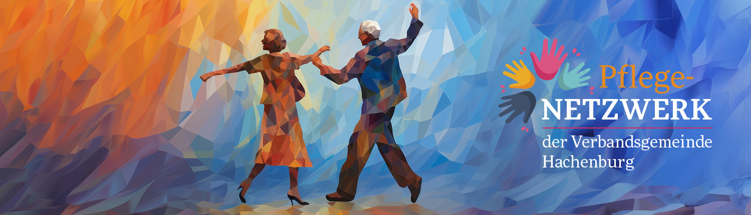 Veranstaltungen Pflegenetzwerk Hachenburg Stilisierte Illustration eines tanzenden älteren Paares in warmen Farben.