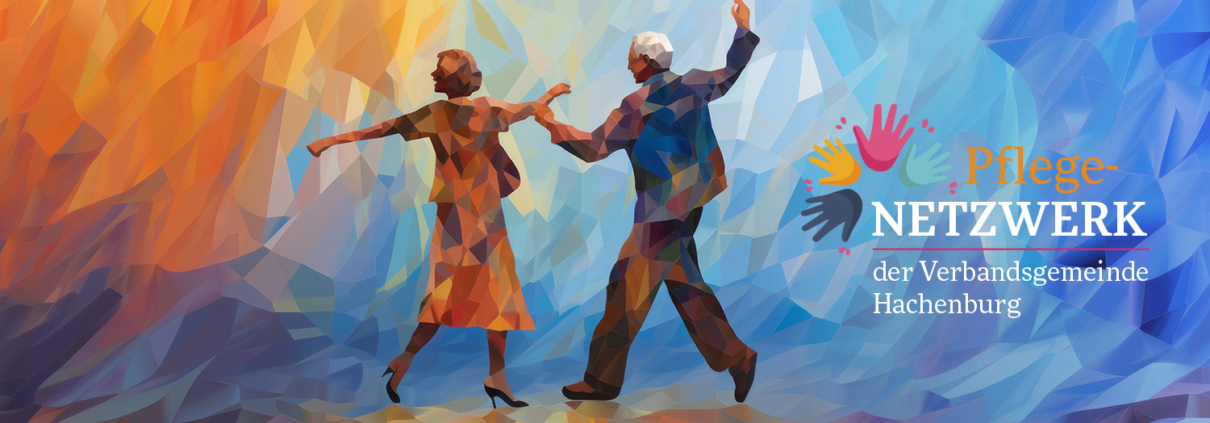 Stilisierte Illustration eines tanzenden älteren Paares in warmen Farben.