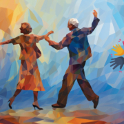 Stilisierte Illustration eines tanzenden älteren Paares in warmen Farben.